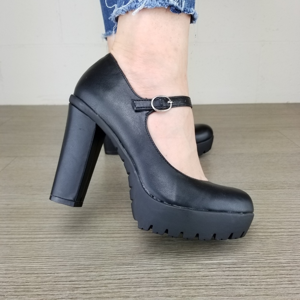 Rockabilly Chunky Platform Heels Faux Leather - Picture 2 of 8